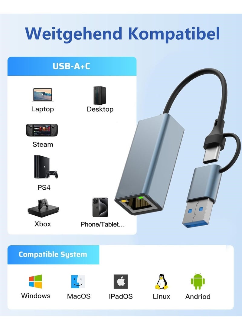 USB LAN Adapter, 2-in-1 USB-C Ethernet Wired Network Adapter 100/1000/Mbps LAN Adapter for PS4, PS5, Switch, Steam Deck, XPS, TV Box, iPad, MacBook, Smartphone, Tablet, Laptop, etc - Image 2
